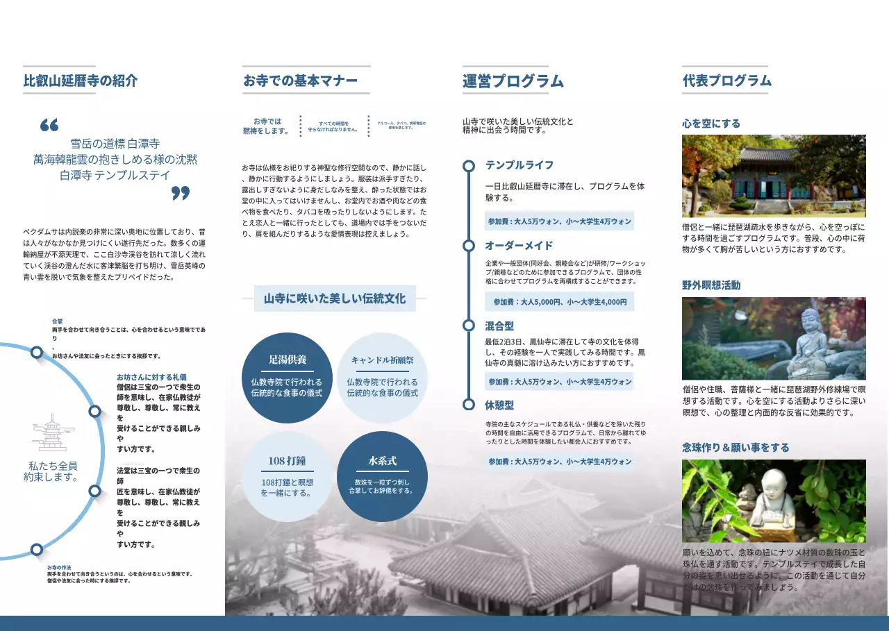 水色と白のすっきりとしたスタイルのテンプルステイの広報と情報案内