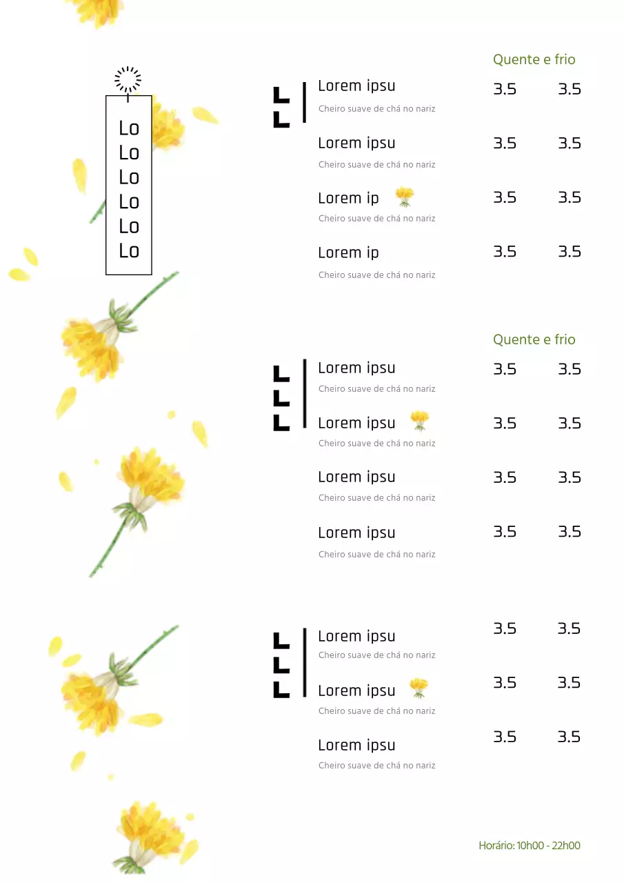 Menu de café com ilustração de uma flor amarela