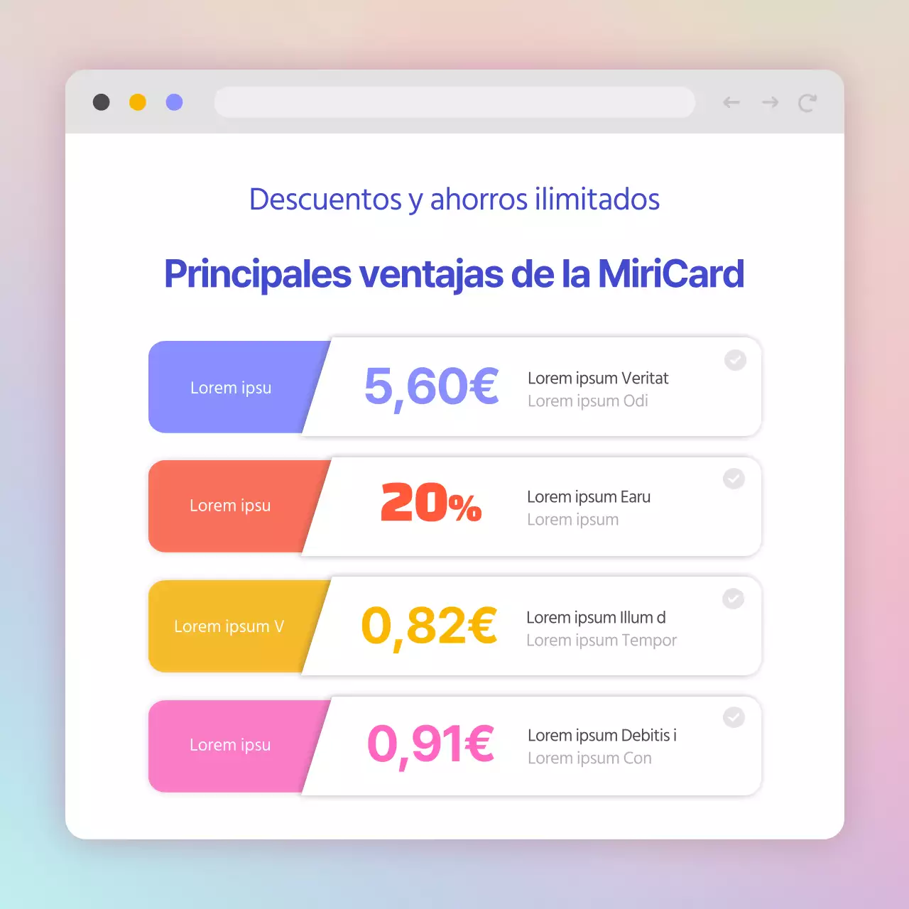 Ofertas de tarjetas de crédito en un concepto de pantalla web con degradados púrpura y menta