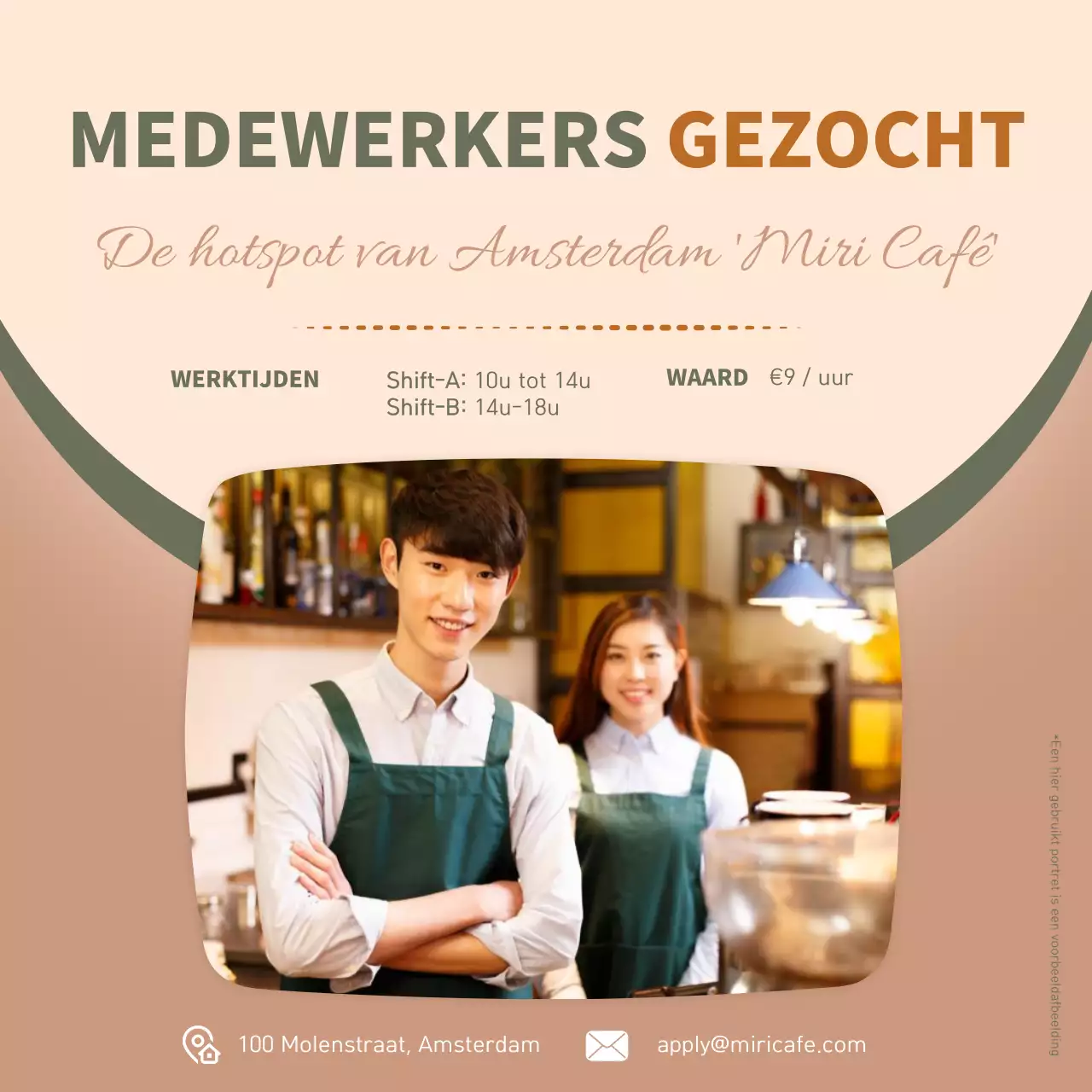 Vacature voor cafépersoneel met foto op bruine en groene achtergrond V1