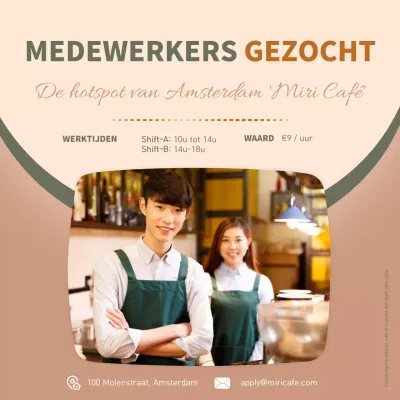 Vacature voor cafépersoneel met foto op bruine en groene achtergrond V1