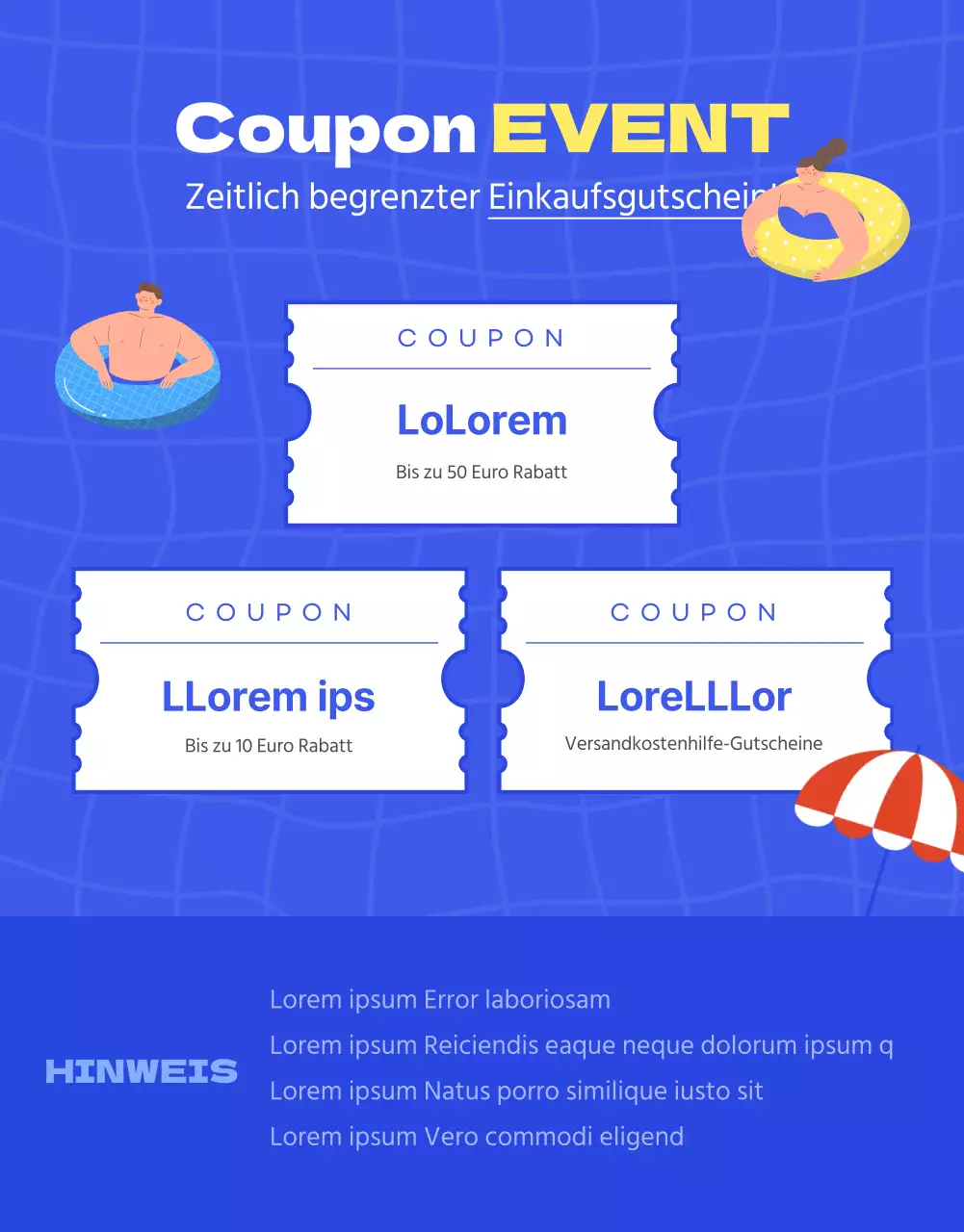 Werben Sie für Ihren Sommerschlussverkauf mit blauen und gelben Farbtupfern