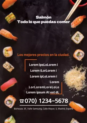 Lista de precios por hora con fotos de sushi en blanco y naranja