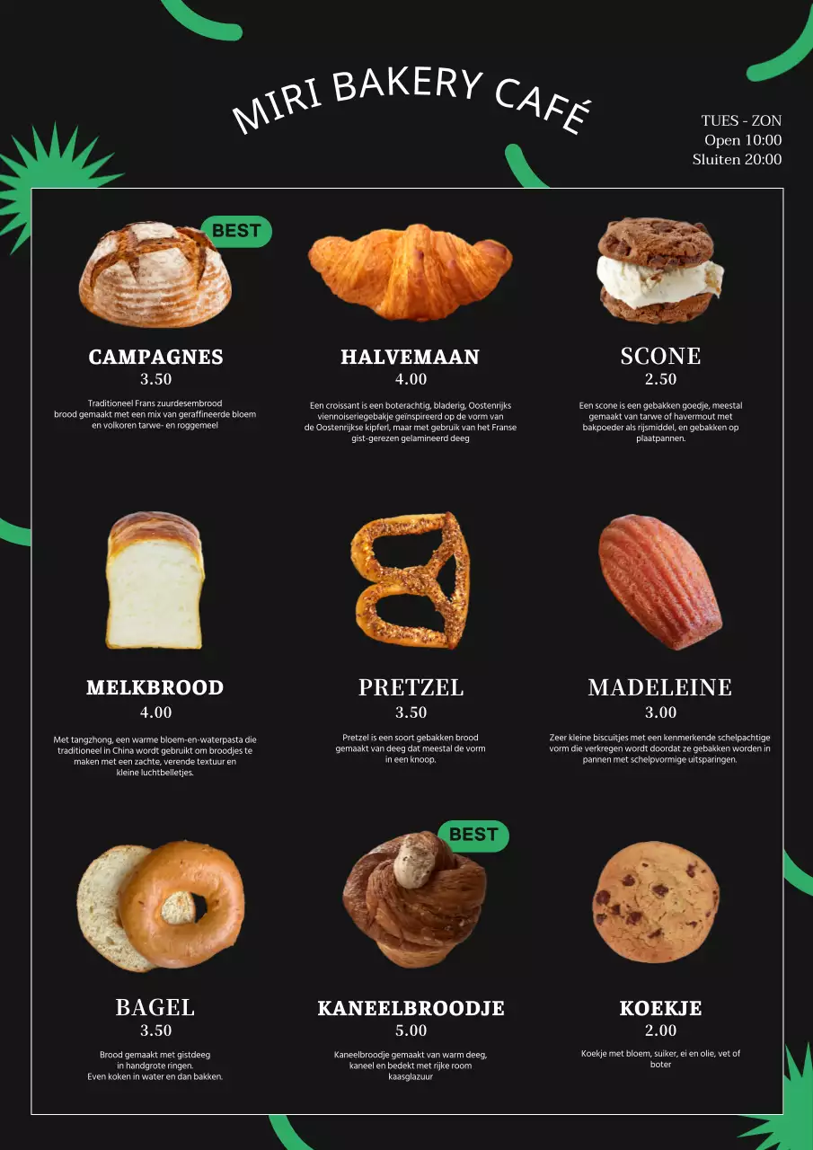 Zwarte menuposter voor een trendy bakkerijcafé