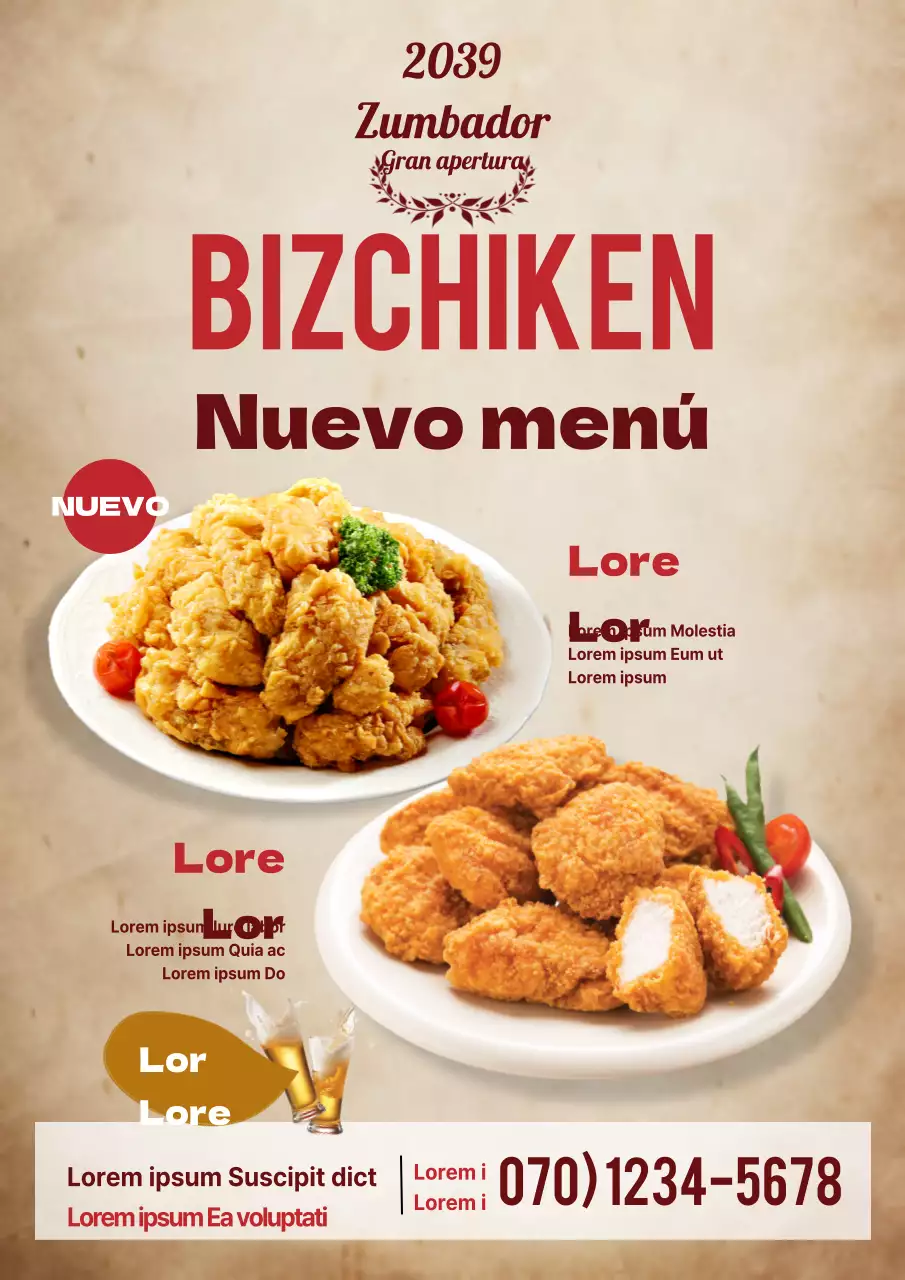 Promocionando un nuevo menú en un karaage con un fondo vintage marrón y rojo