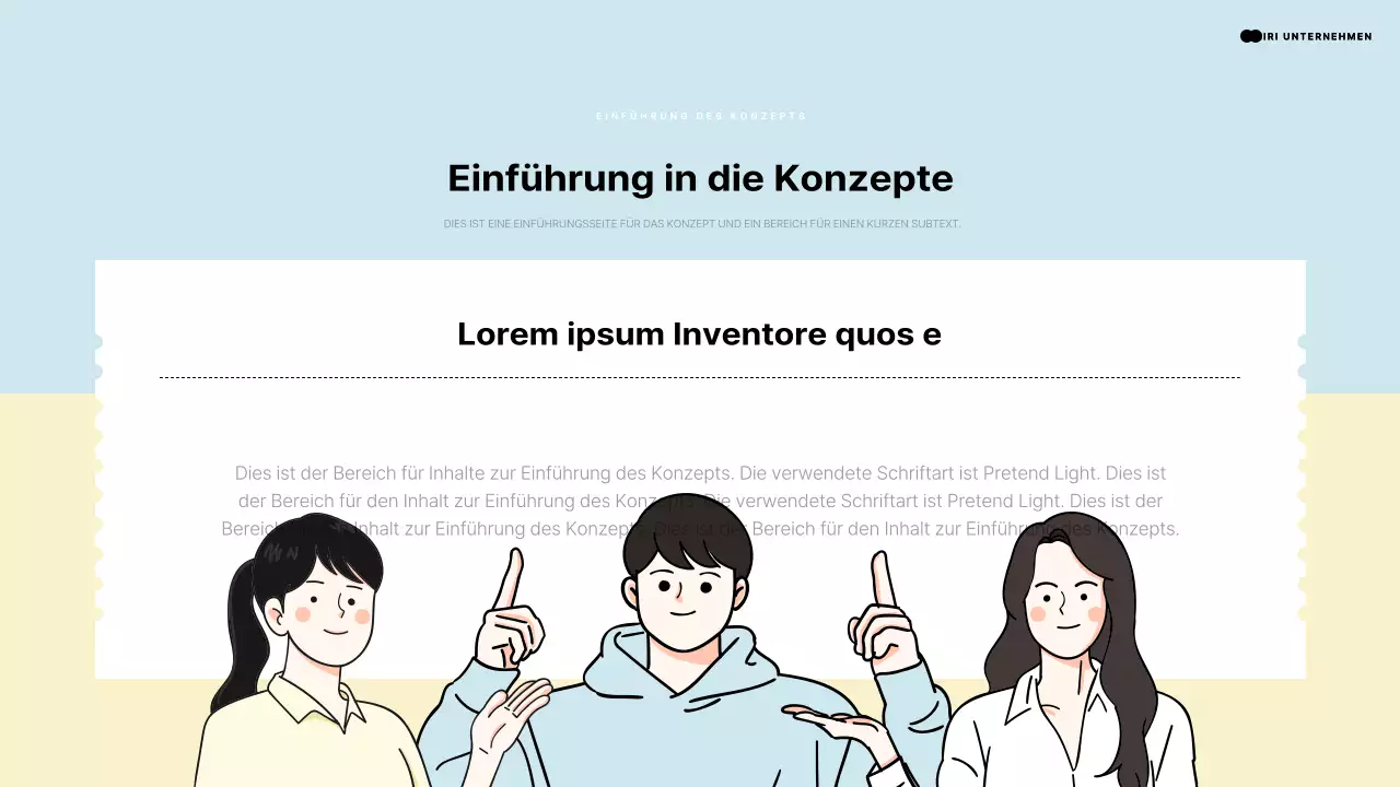 Einleitende Präsentation mit einem menschlichen Element, das auf einen hellblauen und gelben Raum zeigt