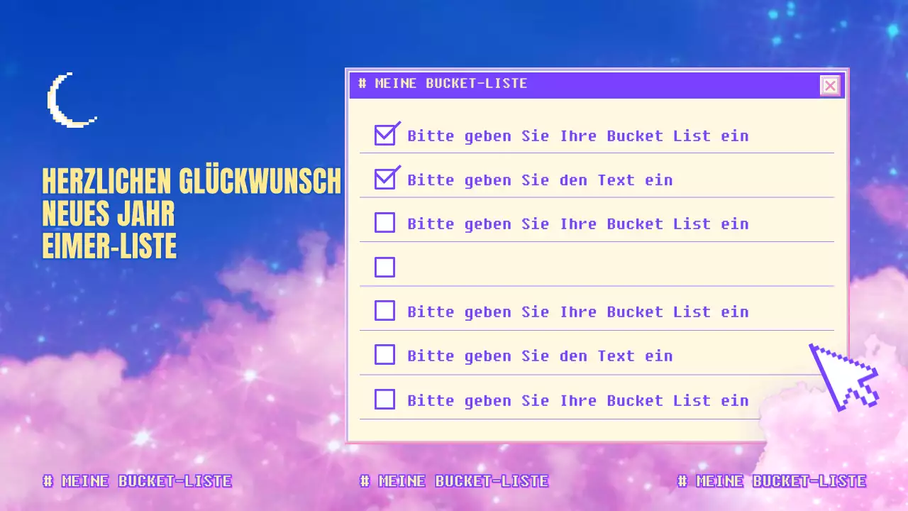 Eine verträumte lila-rosa-blaue Neujahrsvorsatzliste