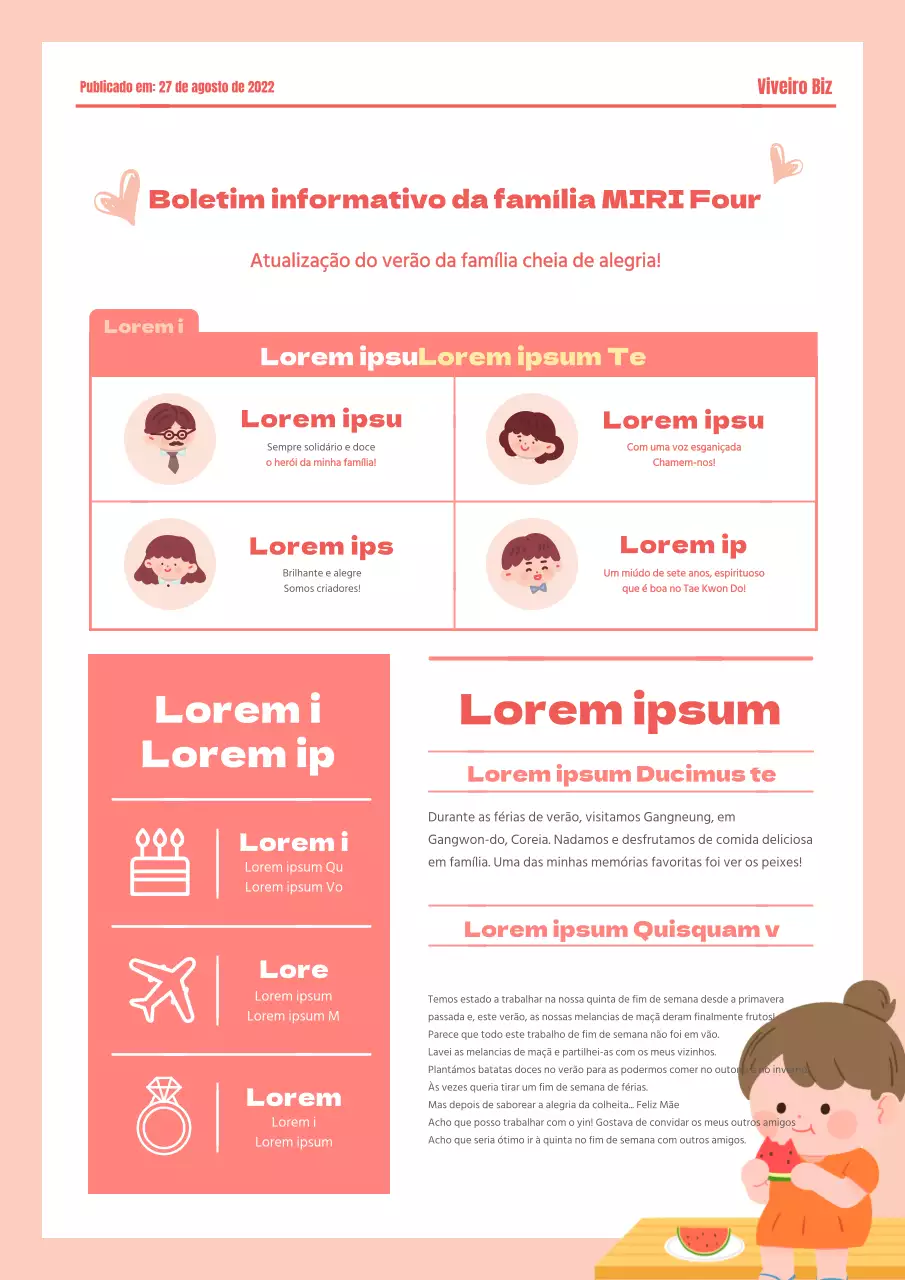 Boletim informativo familiar para crianças de cor coral