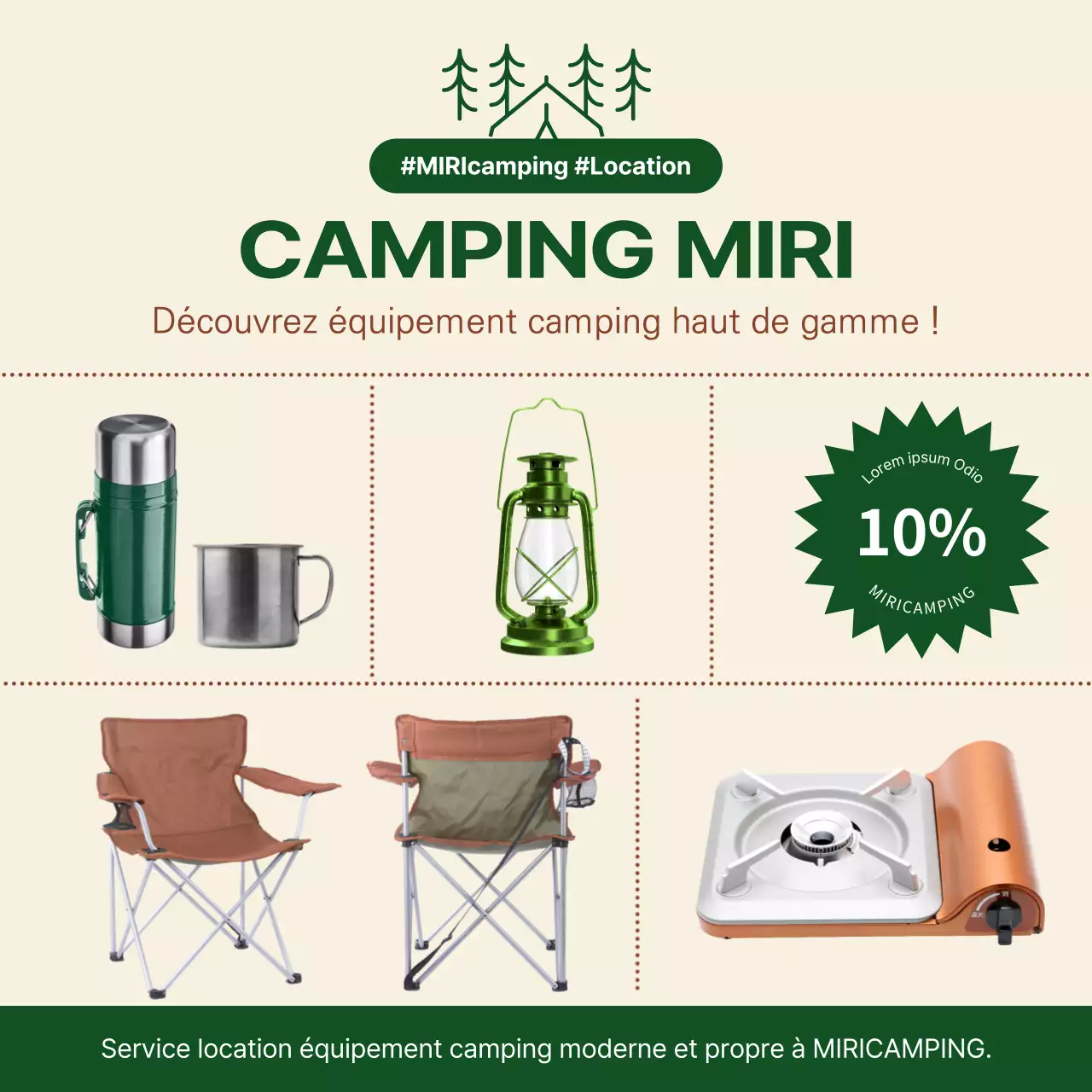 Location de matériel de camping beige et vert détails de l'événement