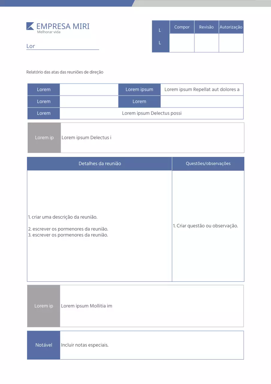 Relatório simples azul e cinzento da ata da reunião do executivo