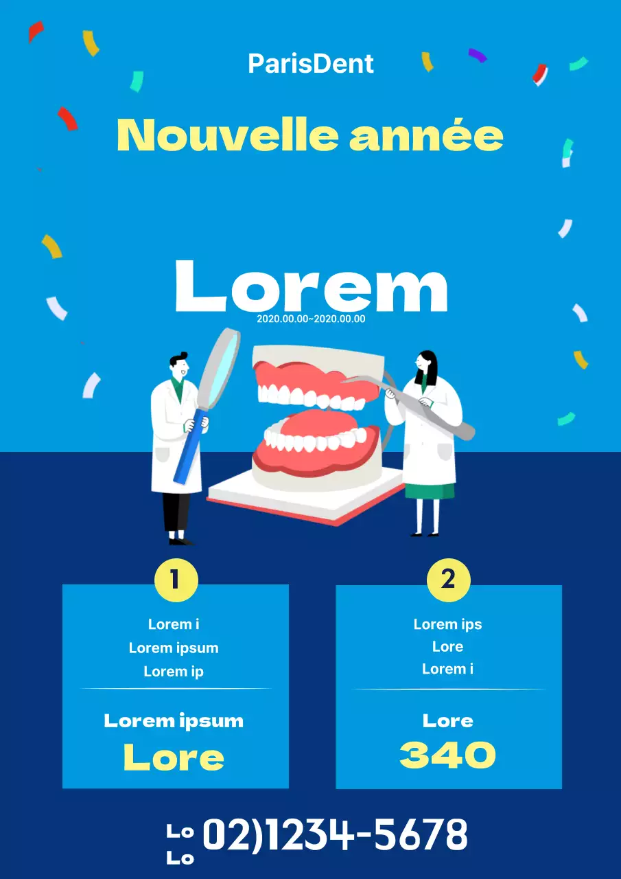 Flyer promotionnel pour le Nouvel An dentaire en bleu et jaune