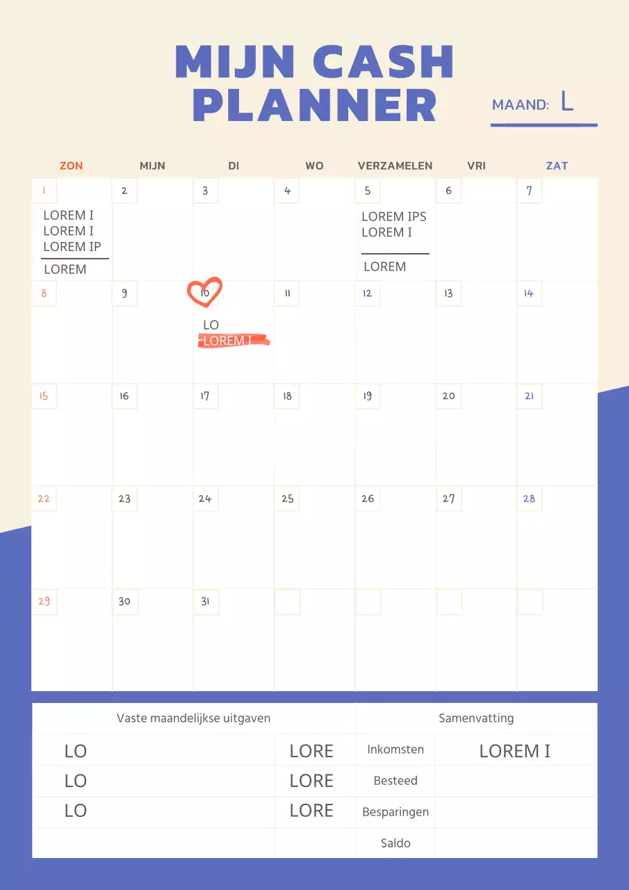 Eenvoudige maandelijkse uitgavenlijst met blauwe en rode titels