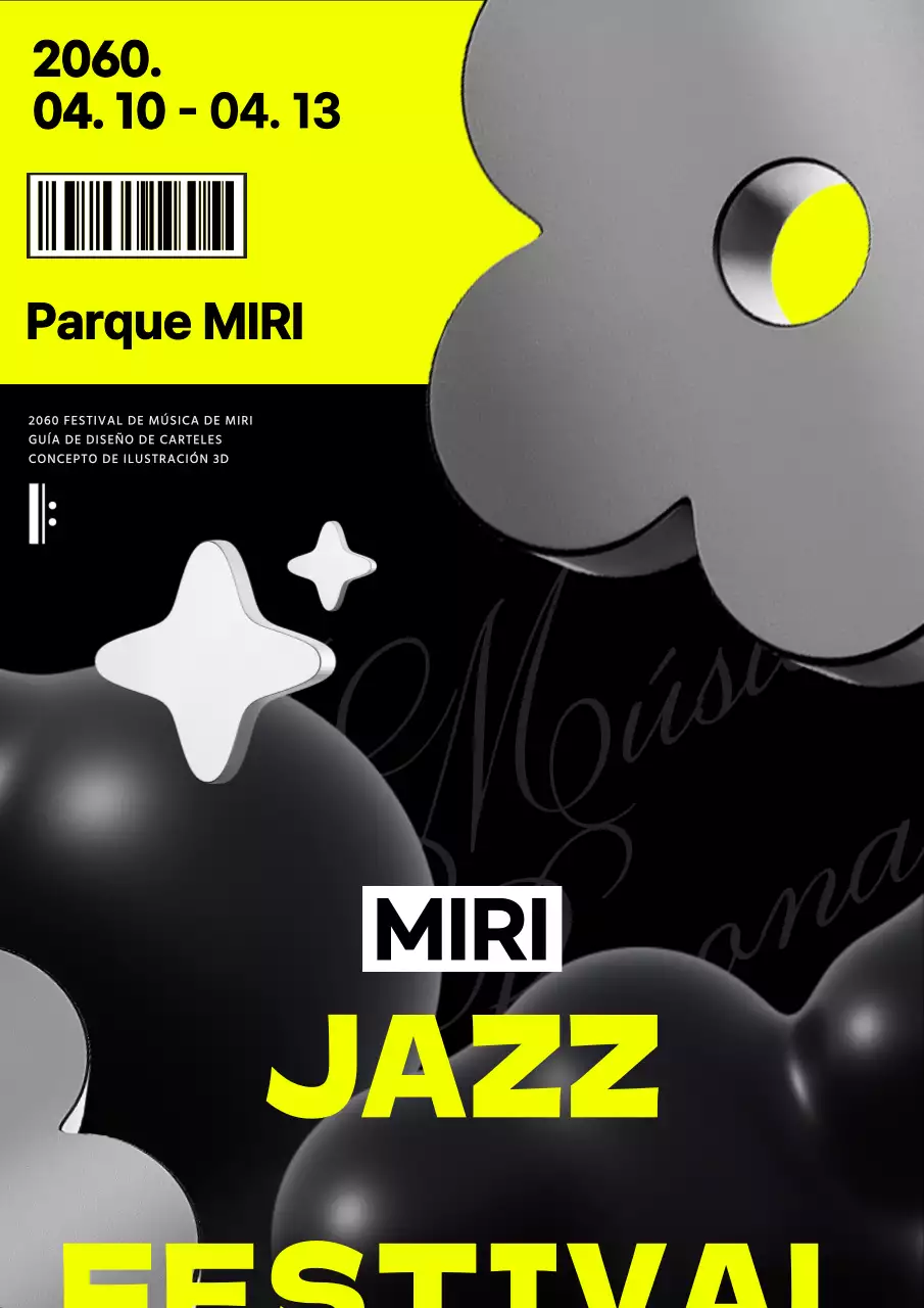 Festival de música de concepto moderno con tonos blancos y negros y acentos amarillos