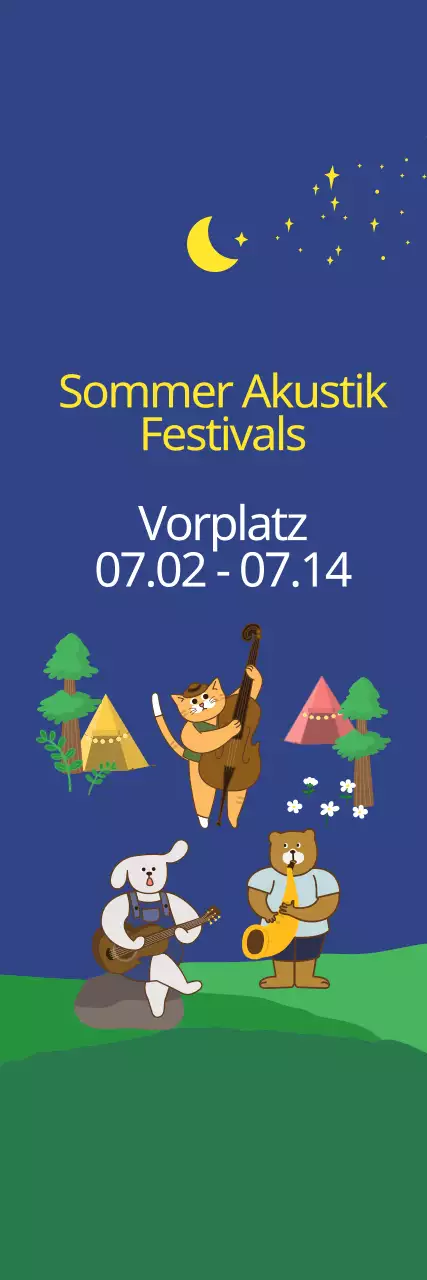 Niedlicher Illustrationsstil in dunklem Marineblau und Gelb für Informationen und Werbung für akustische Sommerfestivals