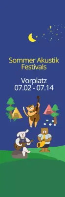 Niedlicher Illustrationsstil in dunklem Marineblau und Gelb für Informationen und Werbung für akustische Sommerfestivals