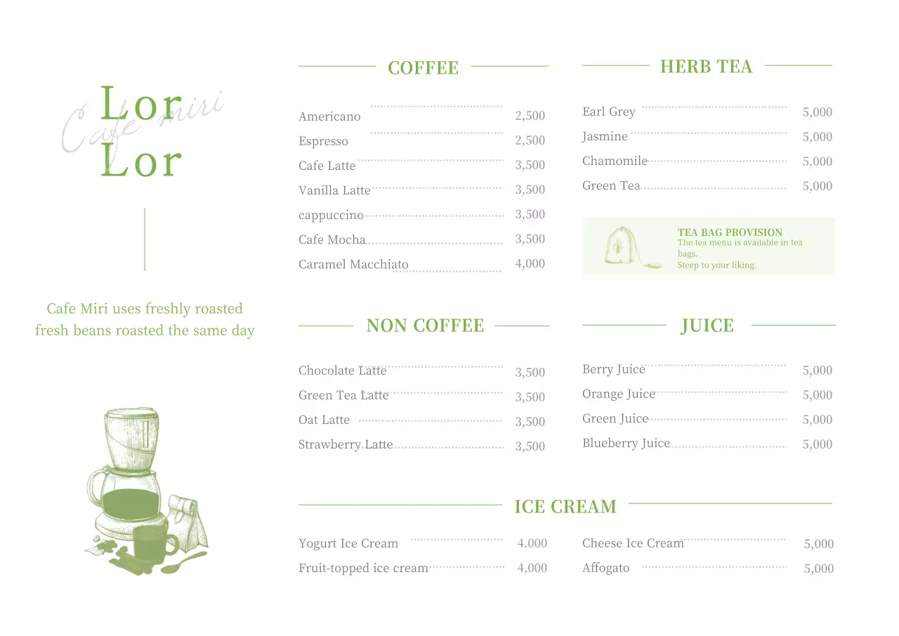 White and lime green pen illustration of a cafe menu horizontal poster