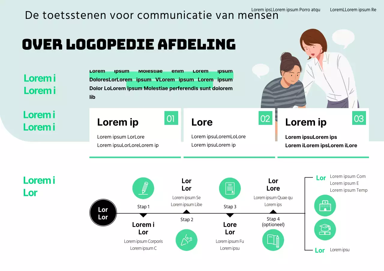 Eenvoudige limoengroene en mintkleurige logopedie infographic met uitleg