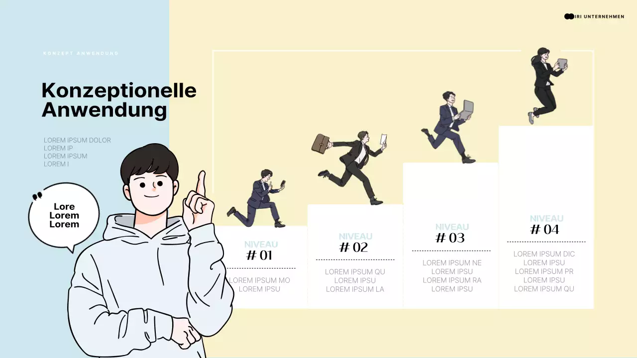 Einleitende Präsentation mit einem menschlichen Element, das auf einen hellblauen und gelben Raum zeigt