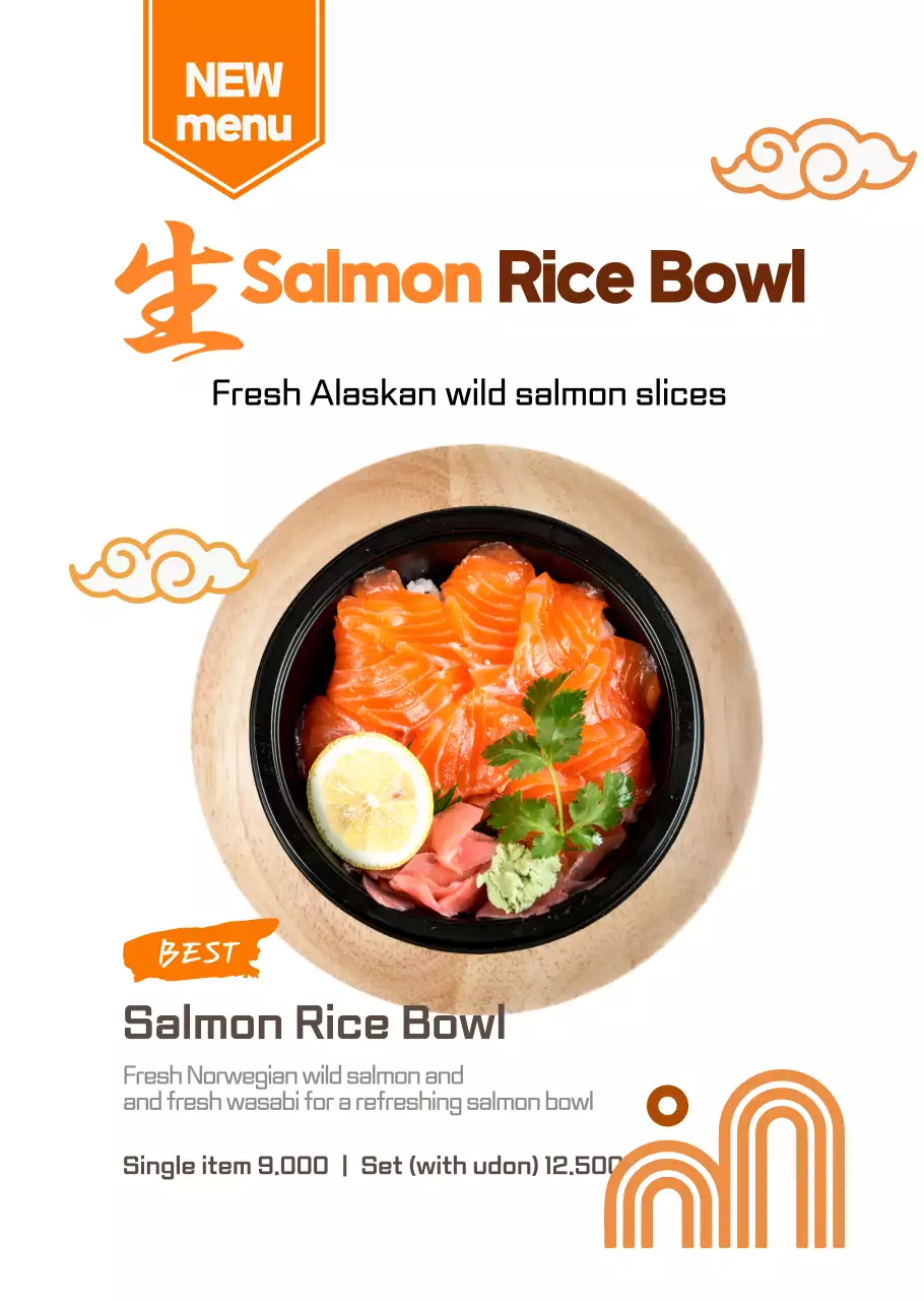 Simple transparent poster for a salmon bowl Japanese restaurant in vibrant colors