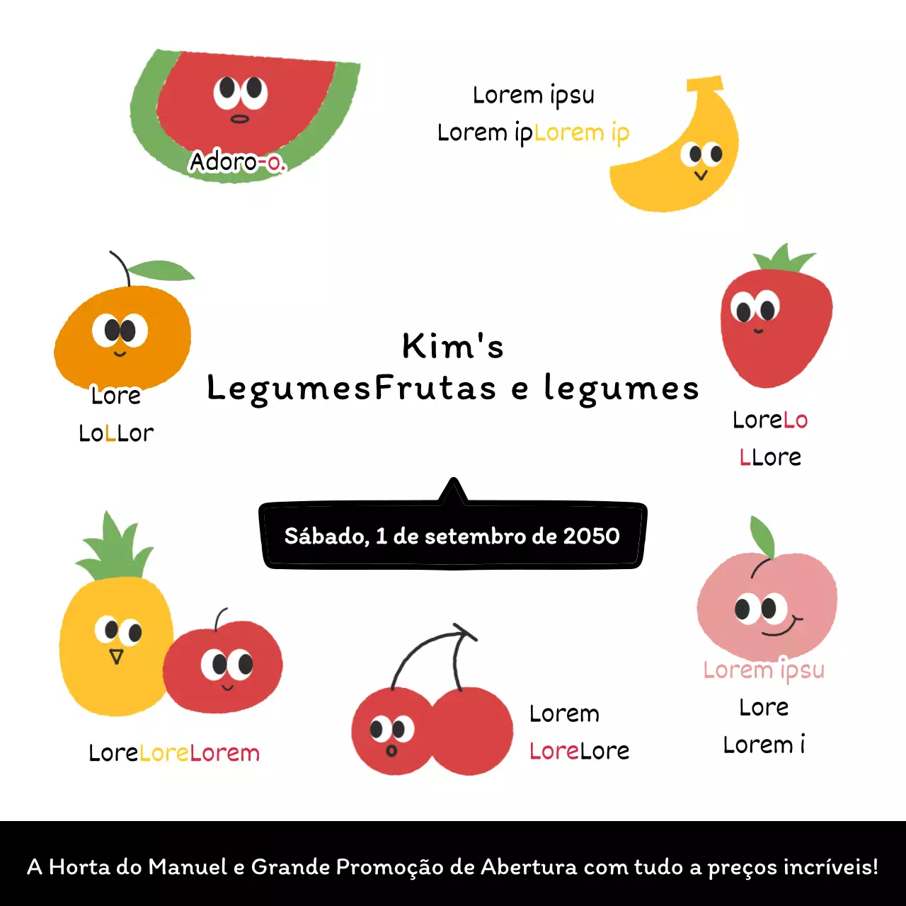 Anúncio de venda aberta de frutas e legumes com trocadilhos de personagens de frutas giras sobre um fundo branco