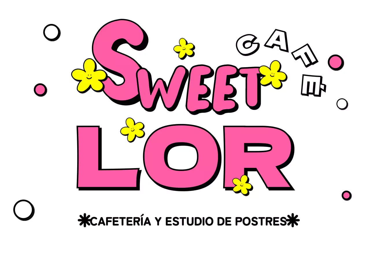Diseño de tienda de postres en rosa y amarillo.