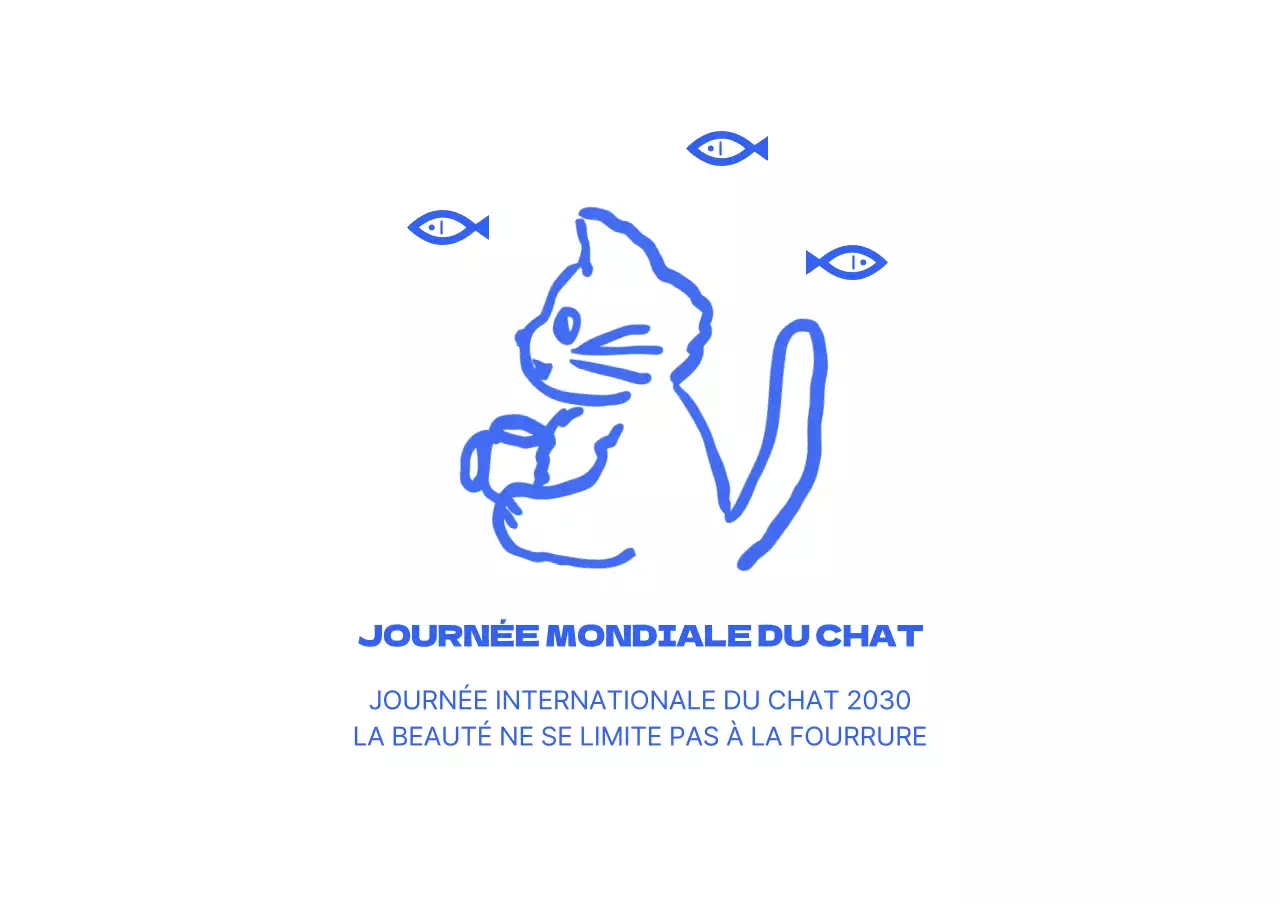 Une journée mondiale du chat simple et mignonne, avec des dessins bleus et des dessins à la main.