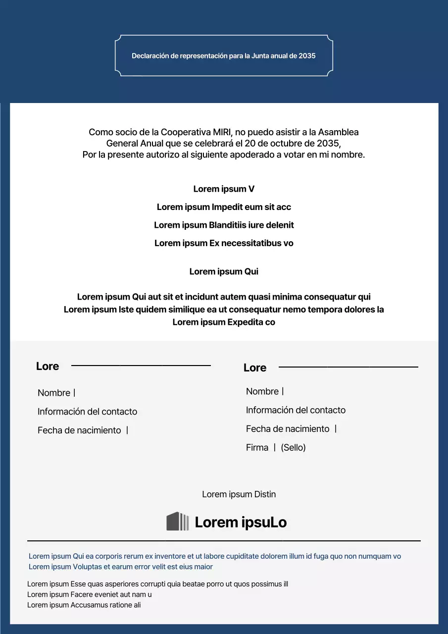 Declaración de representación para la Junta General Anual en azul y gris