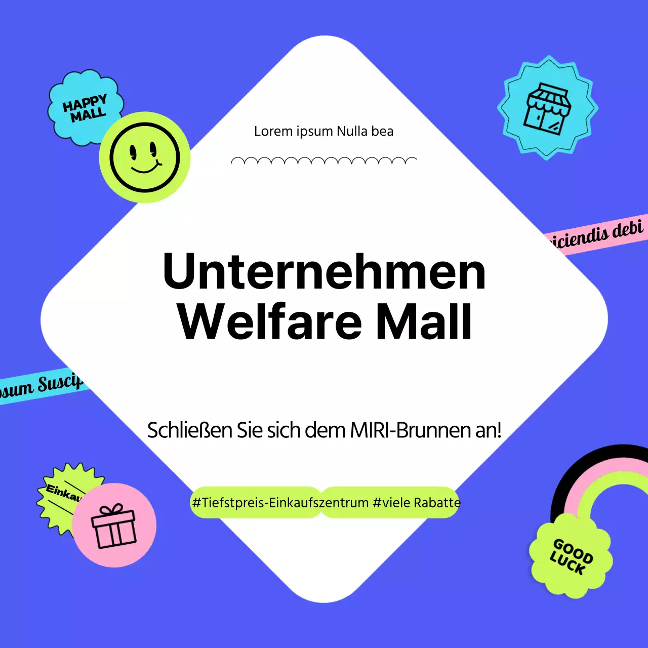 Erklärung des blauen Einkaufszentrums für Unternehmen mit einem Aufkleberkonzept CardNews