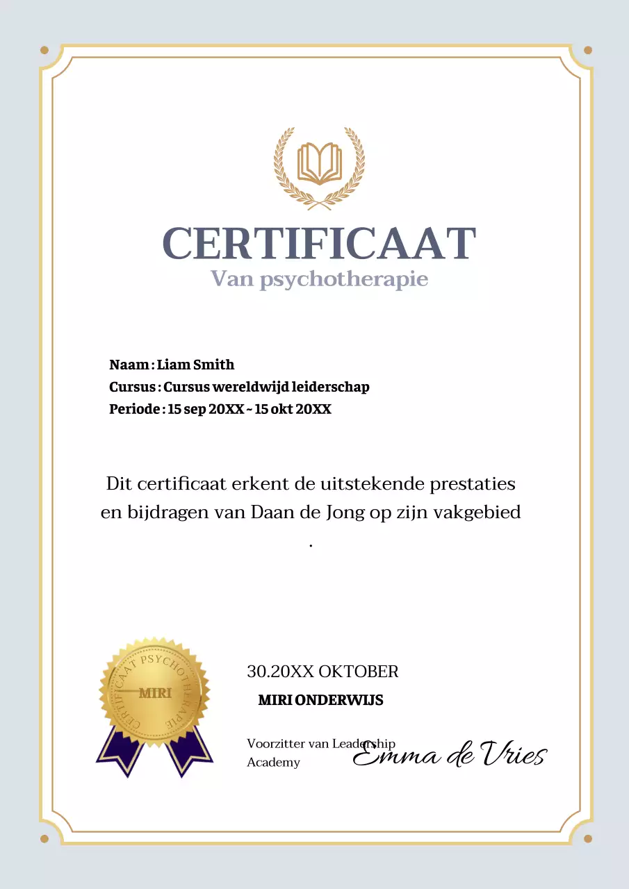 Grijs en gouden certificaat voor psychologische begeleiding