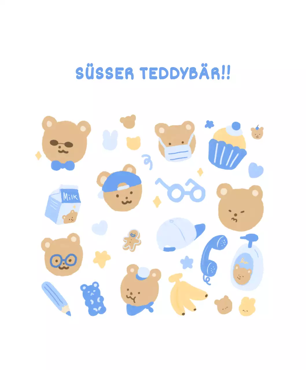 blau, weiß, niedlich, teddy, bär, illustration, persönlich, merchandise, milch, keks, stern, herz, banane, gelee, cupcake, hut, mouse pad, niedlich