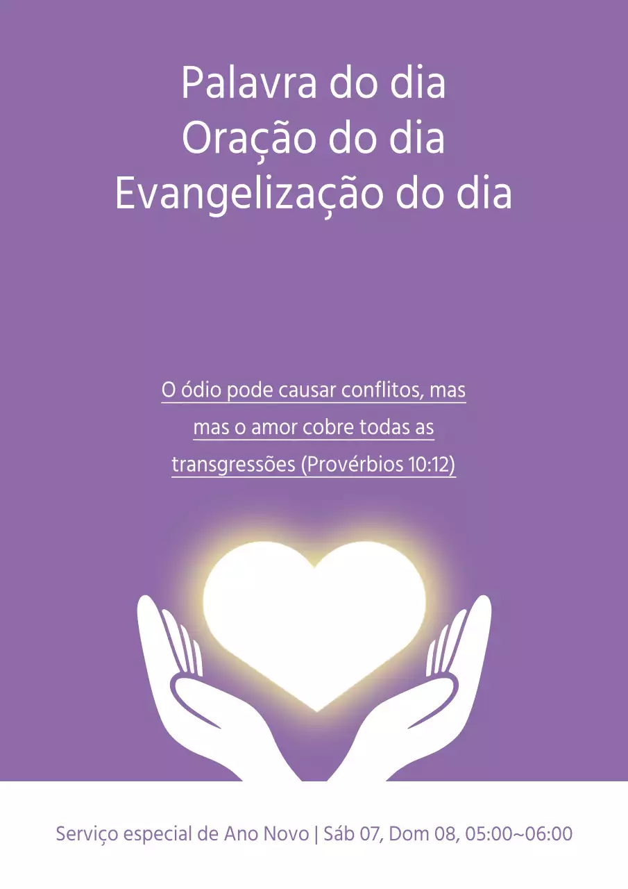 Promoção de um serviço especial de Ano Novo com uma ilustração de um coração e uma mão roxos.