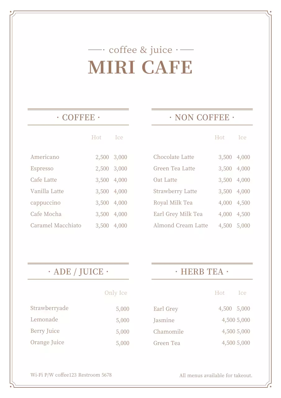 Poster menu quán cà phê đơn giản với màu trắng và nâu