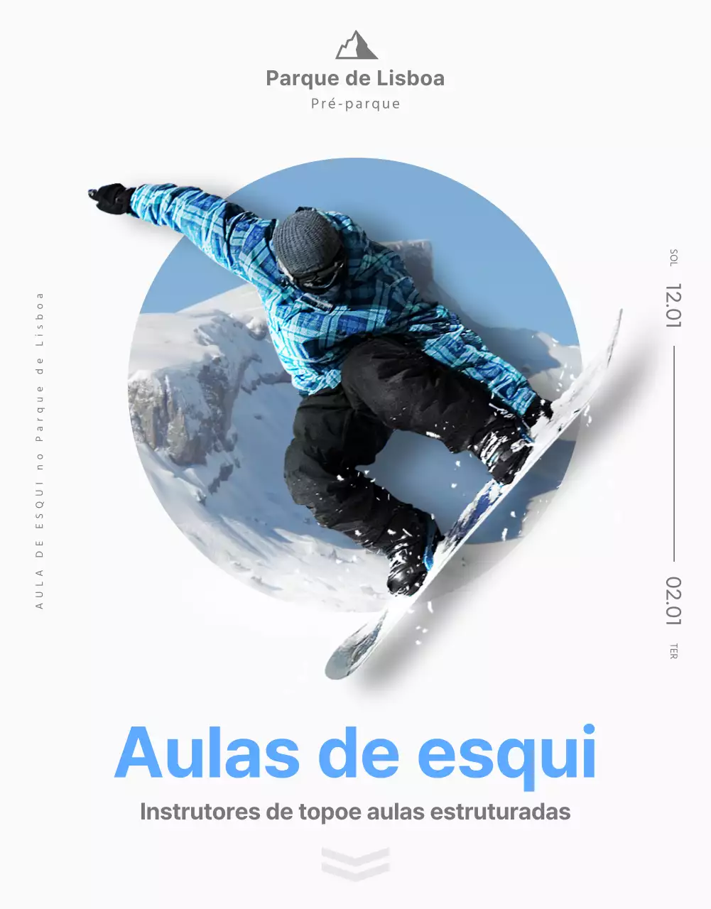 Uma página simples de pormenor de uma aula de esqui em branco e azul