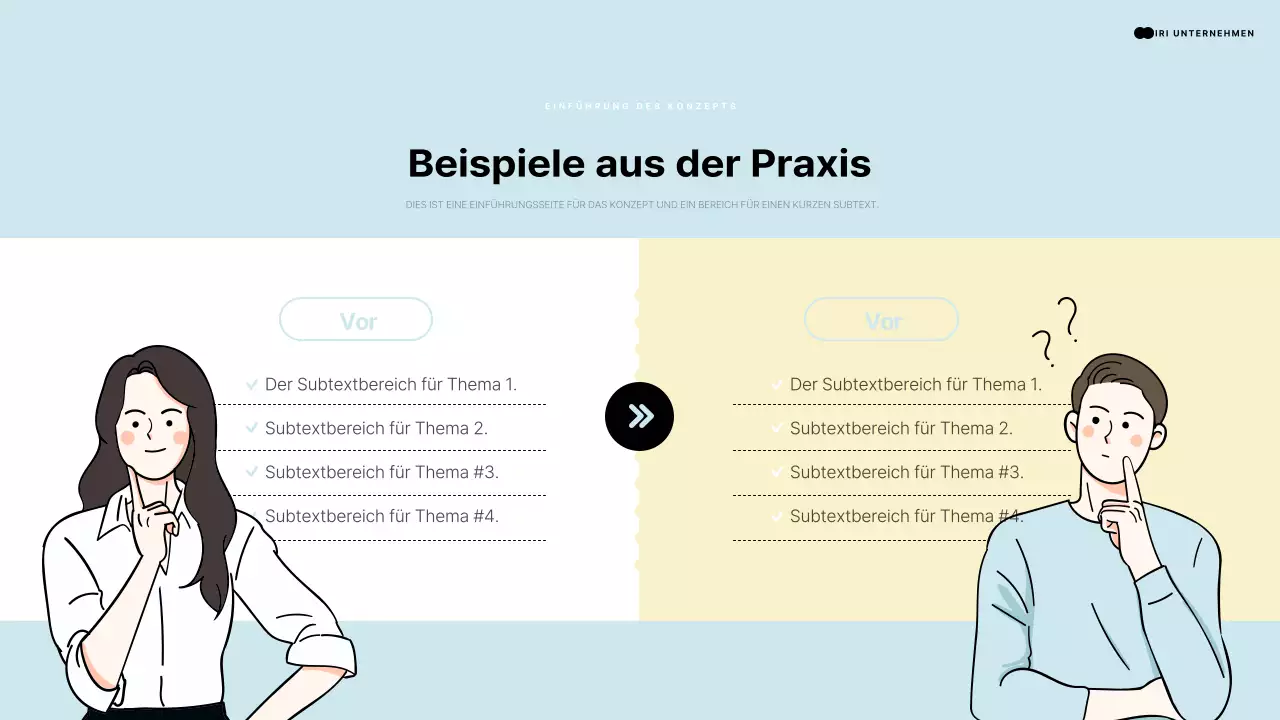 Einleitende Präsentation mit einem menschlichen Element, das auf einen hellblauen und gelben Raum zeigt