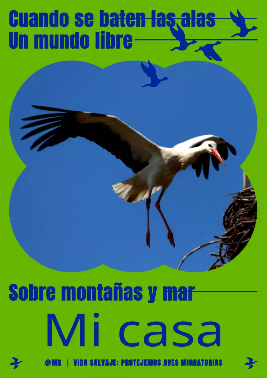 Un sencillo cartel de conservación de las aves migratorias en chartreuse y azul marino.