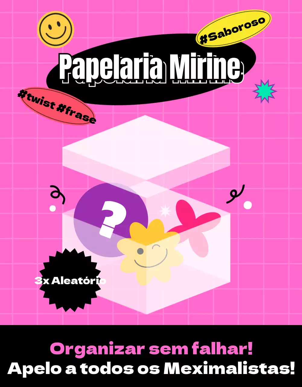 Evento de caixa aleatória escrito num quadro branco cor-de-rosa