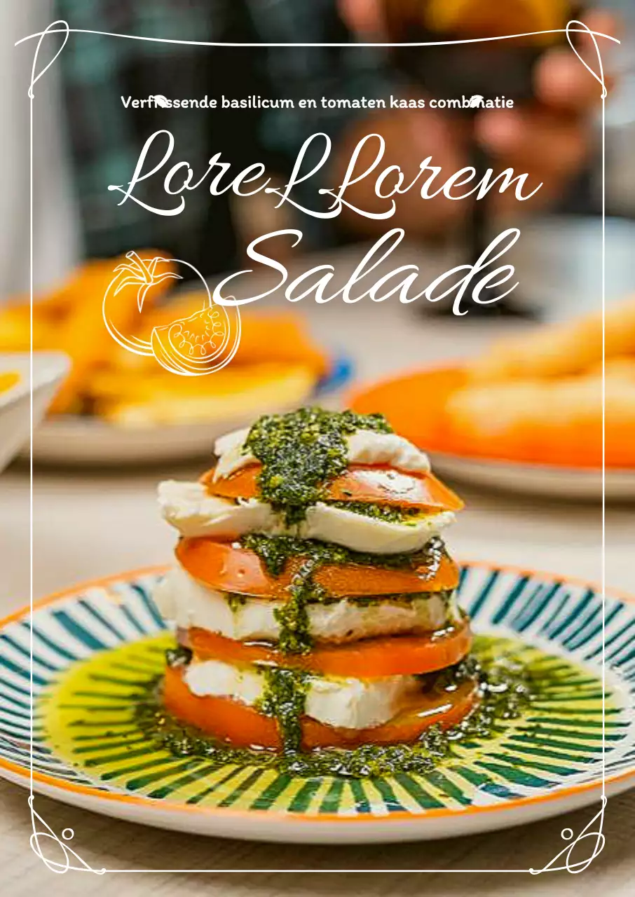 Op het menu staan kleurrijke foto's van salades in een stijlvol wit kader