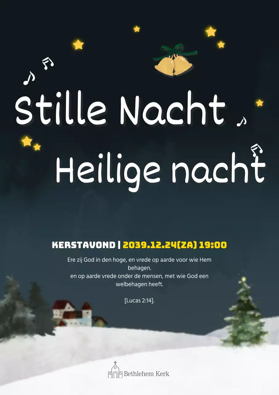 Promoot het kerstevenement van een kerk met een illustratie van een marineblauw nachtelijk sneeuwlandschap