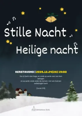 Promoot het kerstevenement van een kerk met een illustratie van een marineblauw nachtelijk sneeuwlandschap