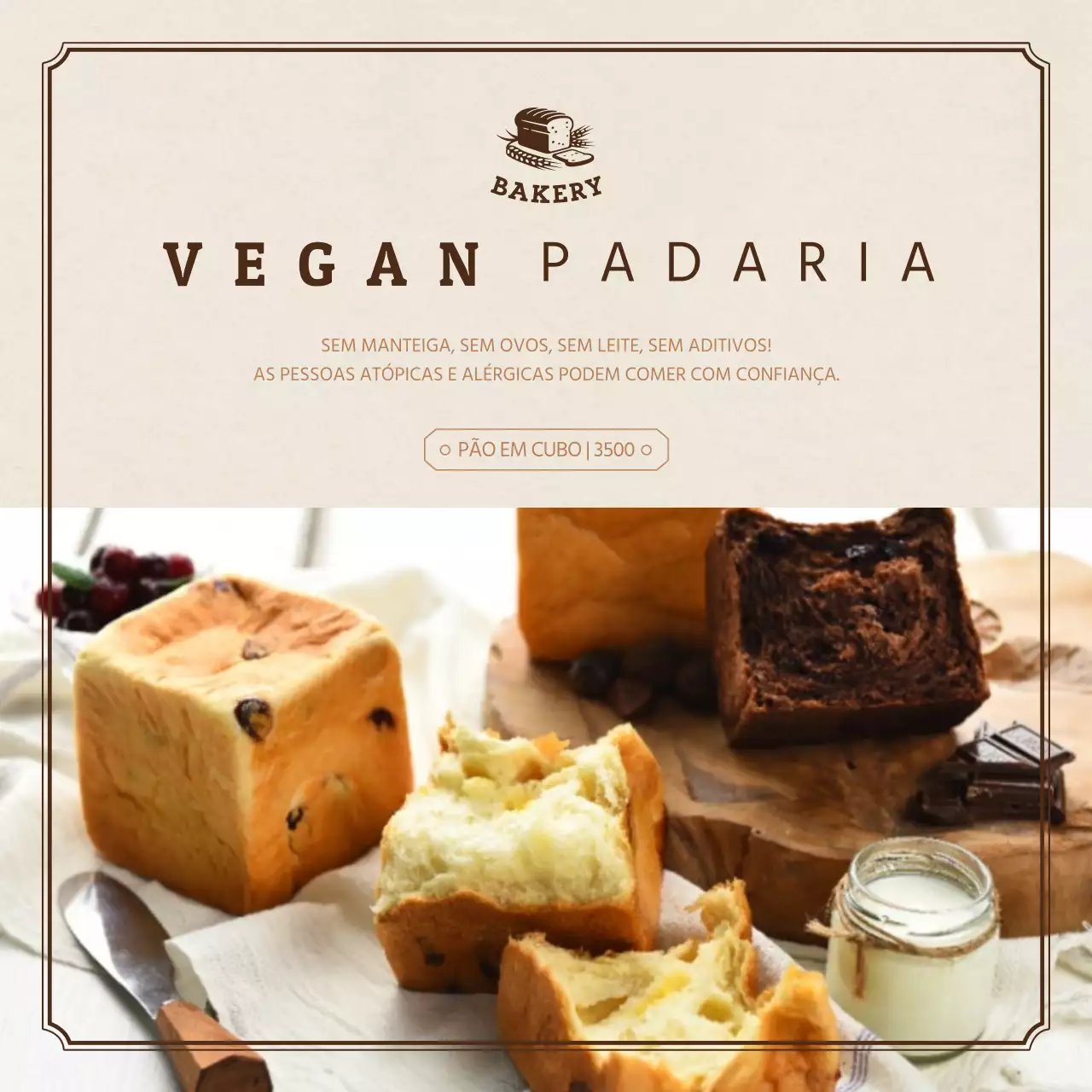 Menu de sobremesa de padaria vegan com ênfase na imagem bege