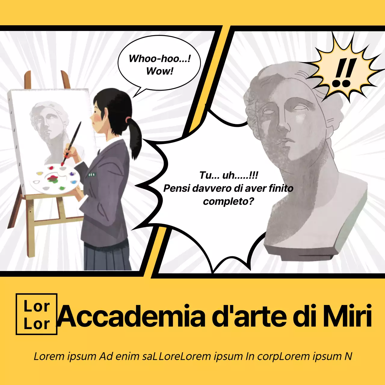 Concetto di webtoon giallo per la promozione dell'esame di ammissione alla scuola d'arte