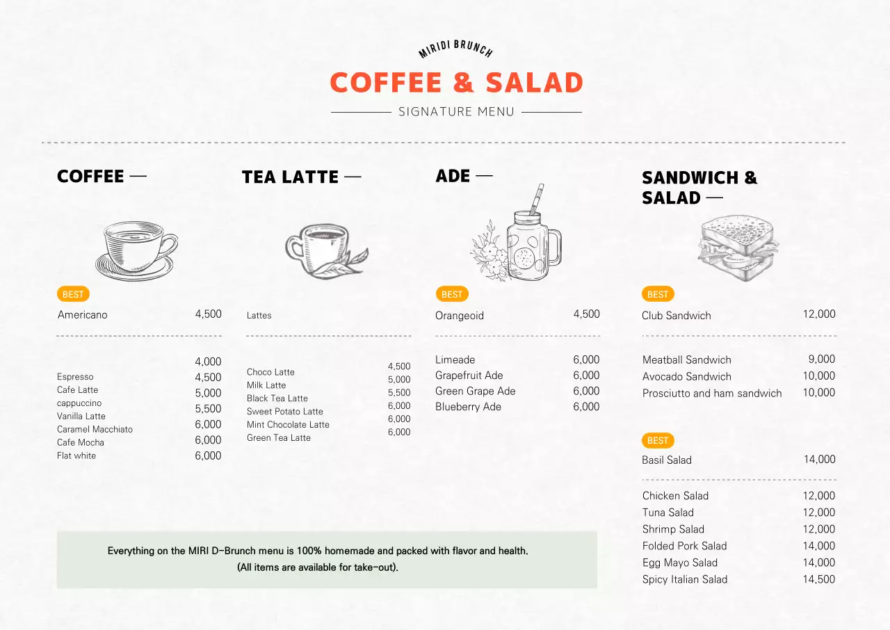 Vertical cafe brunch menu board in orange with illustrations