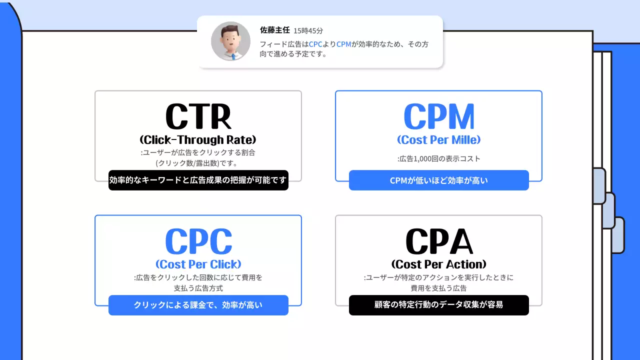青 シンプル マーケティング 資料 プレゼンテーション