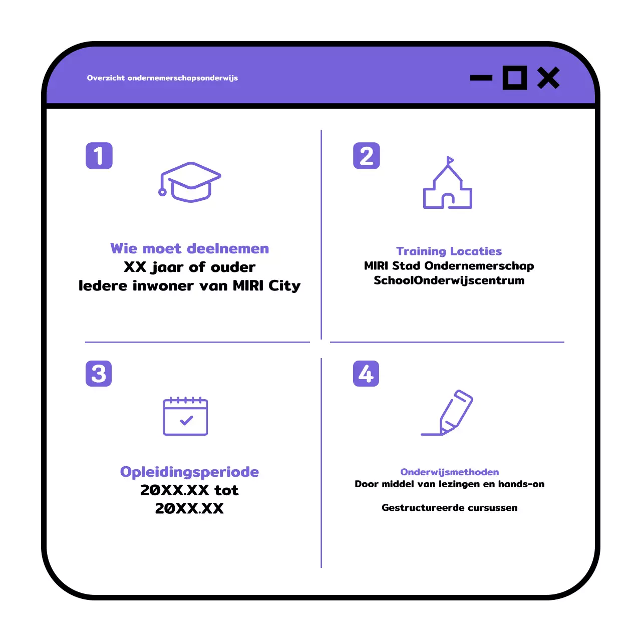 Een eenvoudig geel en mauve wervingspraatje voor een school voor ondernemerschap