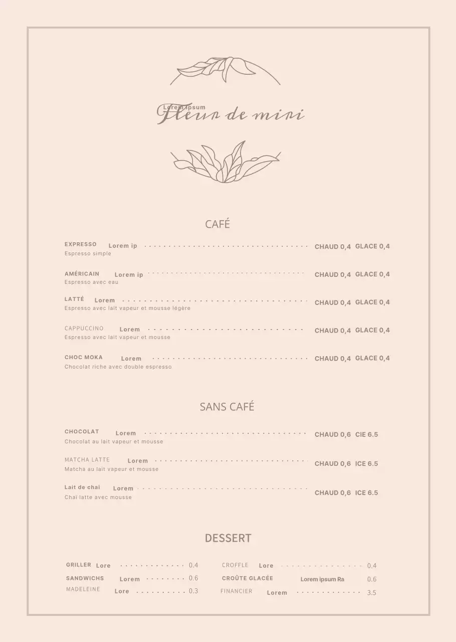 Affiche du menu d'un café avec une fleur rose et luxueuse