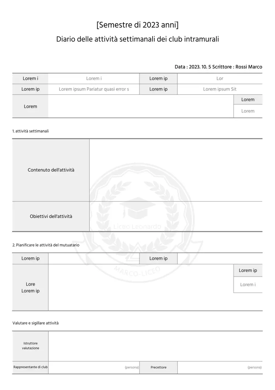 Rapporto sul registro delle attività settimanali del club scolastico in bianco e nero