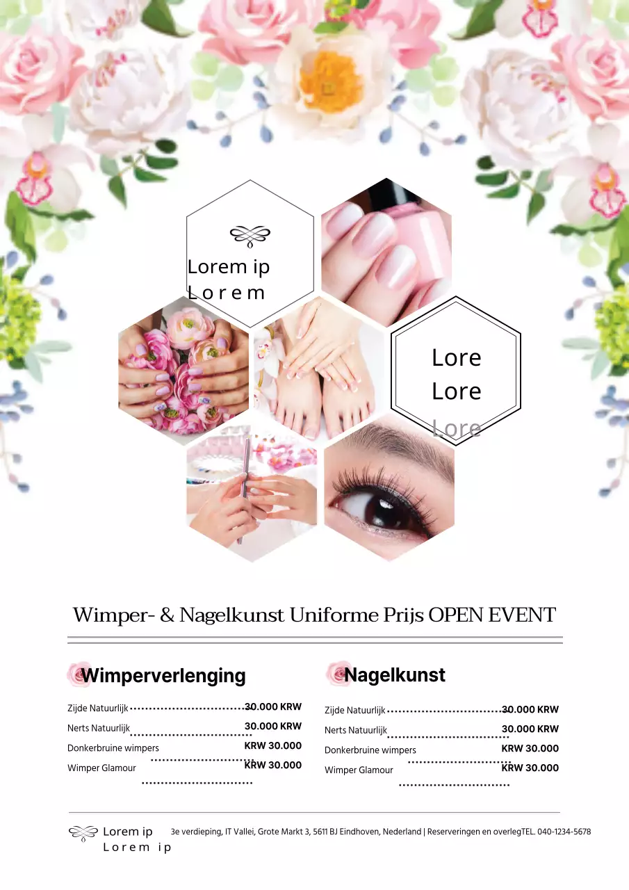 Romantisch concept open evenement met roze bloemenillustraties en nail art foto's