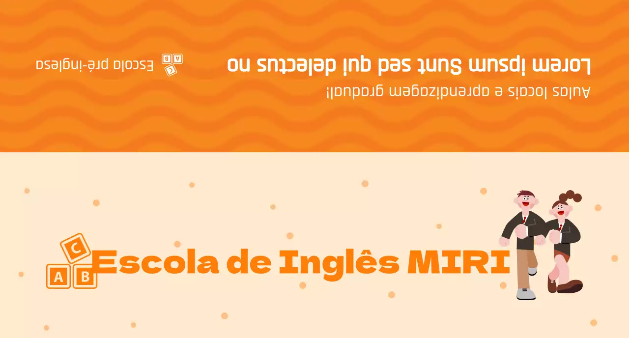 Promover uma escola de inglês com uma ilustração de alunos com uniformes cor de laranja.