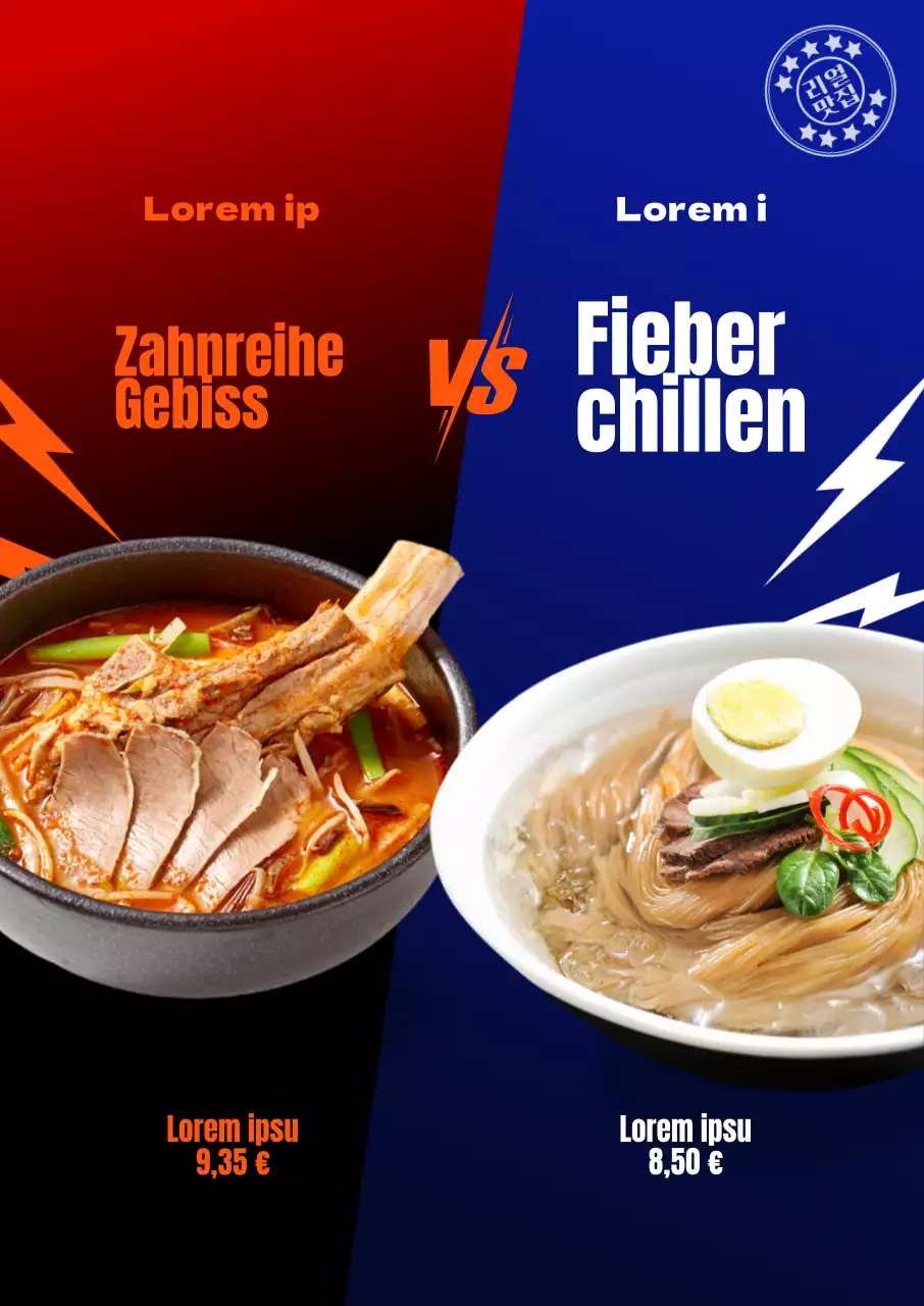 Menüeinführung mit rotem und blauem Hintergrund und einem Showdown-Konzept