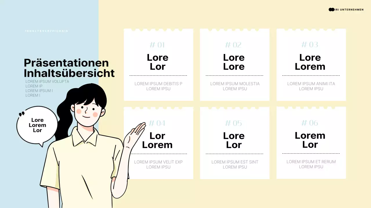 Einleitende Präsentation mit einem menschlichen Element, das auf einen hellblauen und gelben Raum zeigt